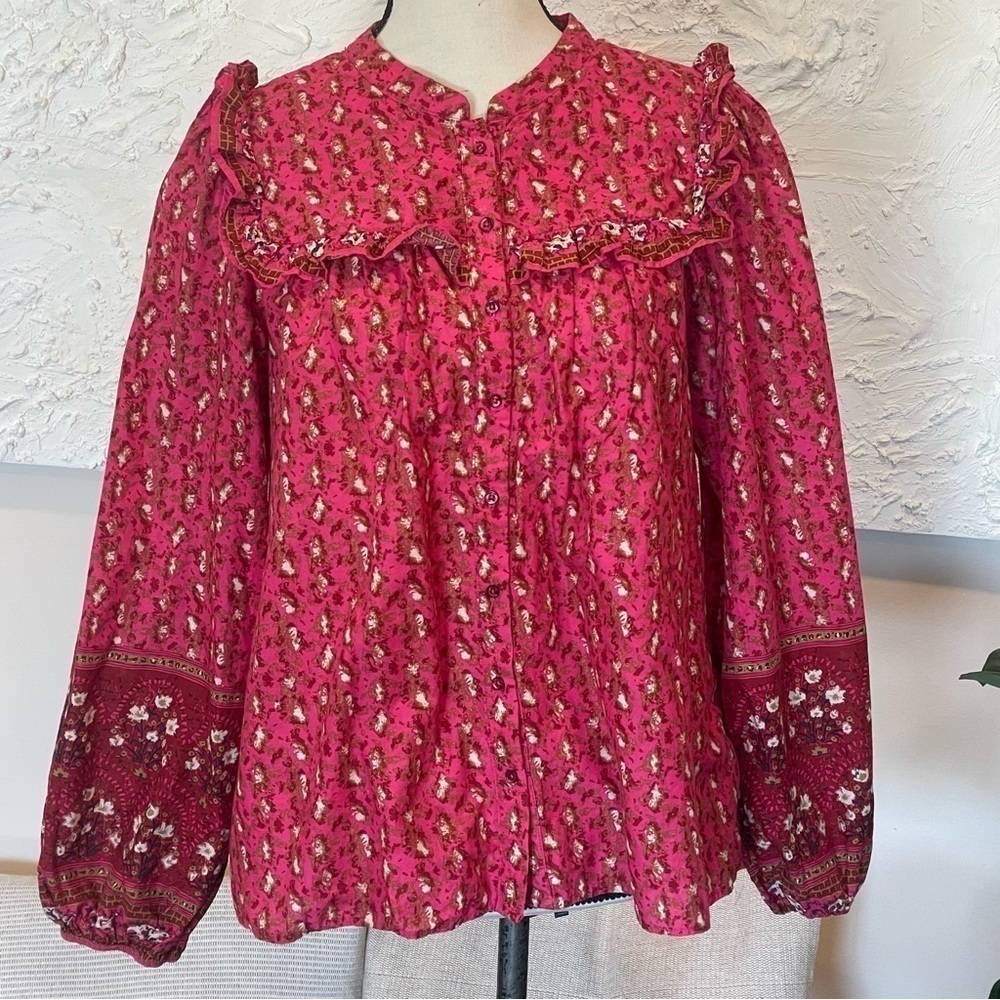 Joie Hot Pink Ruffle Peasant Blouse Button Front Full Puff Sleeve NWT